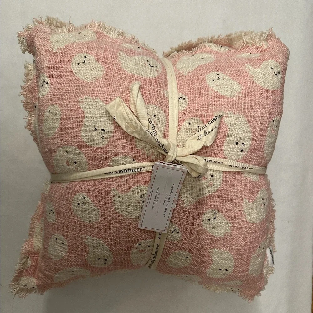 Cupcakes & Cashmere Set of 2 Halloween Pink Ghost Throw Pillows Frayed Edges
